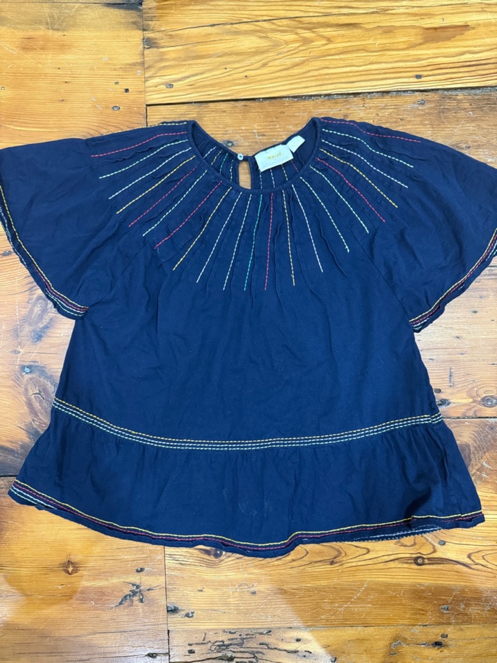 Anthropologie Maeve Navy Embroidered Flutter-Sleeve Top Size Medium